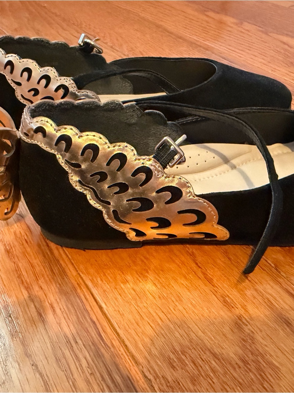 Sophia Webster Black Flats with Metallic Gold Wing Accent